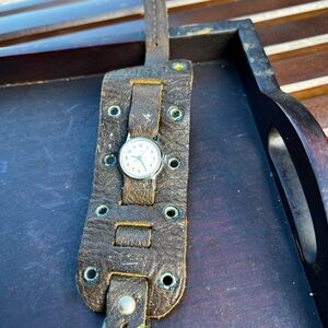 Vintage Brown Leather Wide Cuff Watch Bracelet - Unbranded